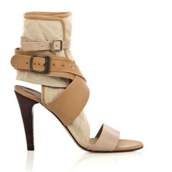 CHLOE Strap Leather Canvas Gladiator High Heel Brown Beige Sandal Sz 36/5.5 - Picture 2 of 10